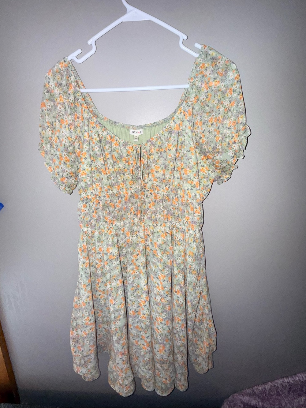 Floral Puff-Sleeve Mini Dress in Pale Green and Orange